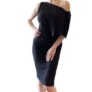 MarcellaModa NYC One Shoulder Drape Dress Size XS Black Ruched Knee Length LBD